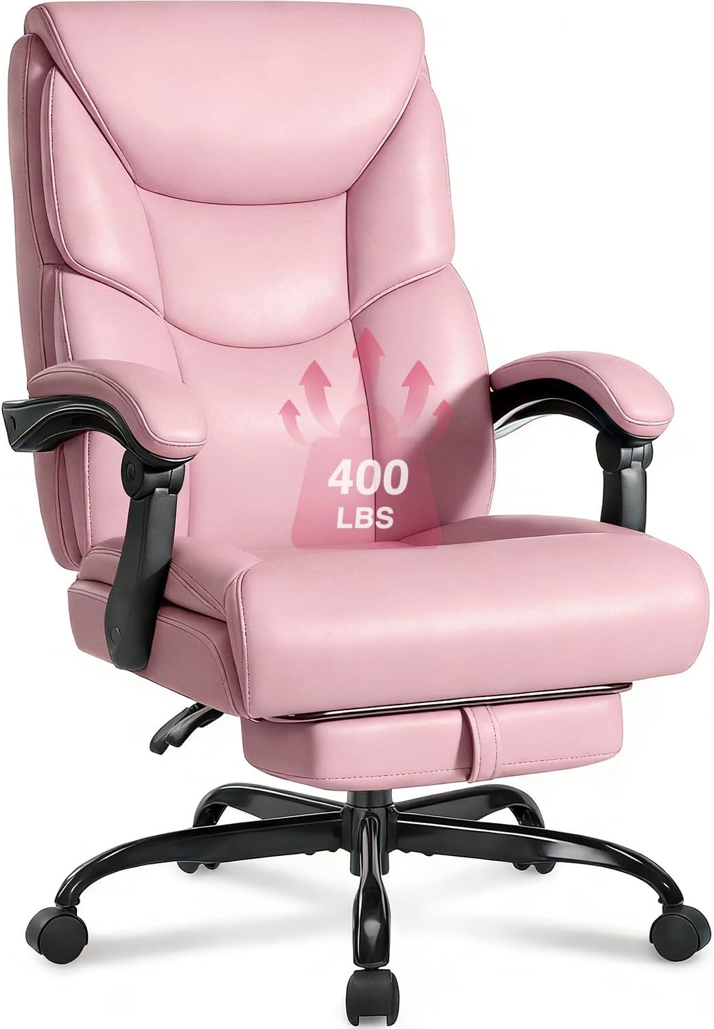 WAILOR 400lbs Office Chair with Foot Rest, Reclining Big and Tall Office Chair with Lumbar Support, High Back PU Leather Computer Chair,Comfy Desk Chair for Home Office (Pink)