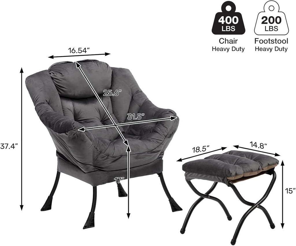 HollyHOME Lazy Chair with Foldable Ottoman, Accent Comfy Lounge Armchair and Folding Footrest Stool, Leisure Sofa Reading Chair and Footstool for Living Room, Bedroom, Dorm,Velvet Smoky Grey