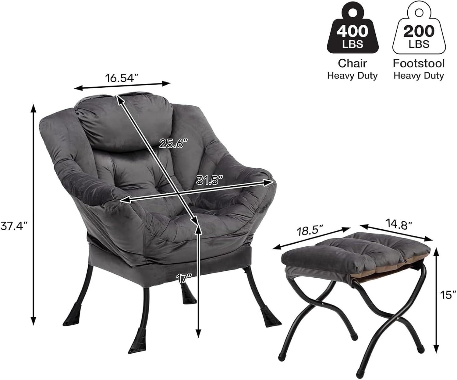 HollyHOME Lazy Chair with Foldable Ottoman, Accent Comfy Lounge Armchair and Folding Footrest Stool, Leisure Sofa Reading Chair and Footstool for Living Room, Bedroom, Dorm,Velvet Smoky Grey