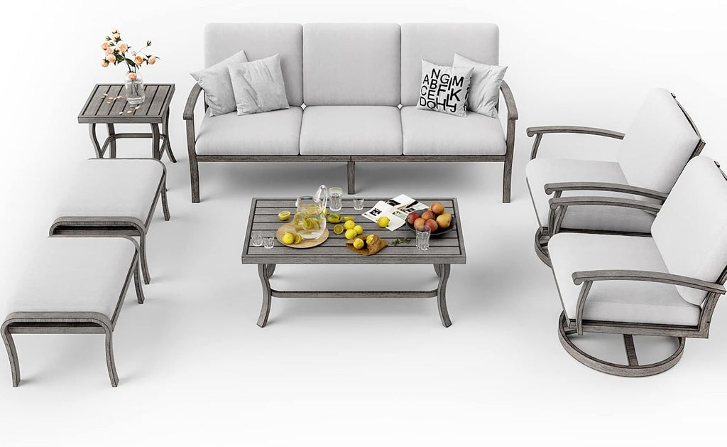 HAPPATIO 7 Piece Aluminum Patio Furniture Set, 3-Seat Outdoor Ottoman and Swivel Armchair, Outdoor Sectional Sofa with Side Table and Coffee Table, Garden Conversation Set for Lawn(Gray)