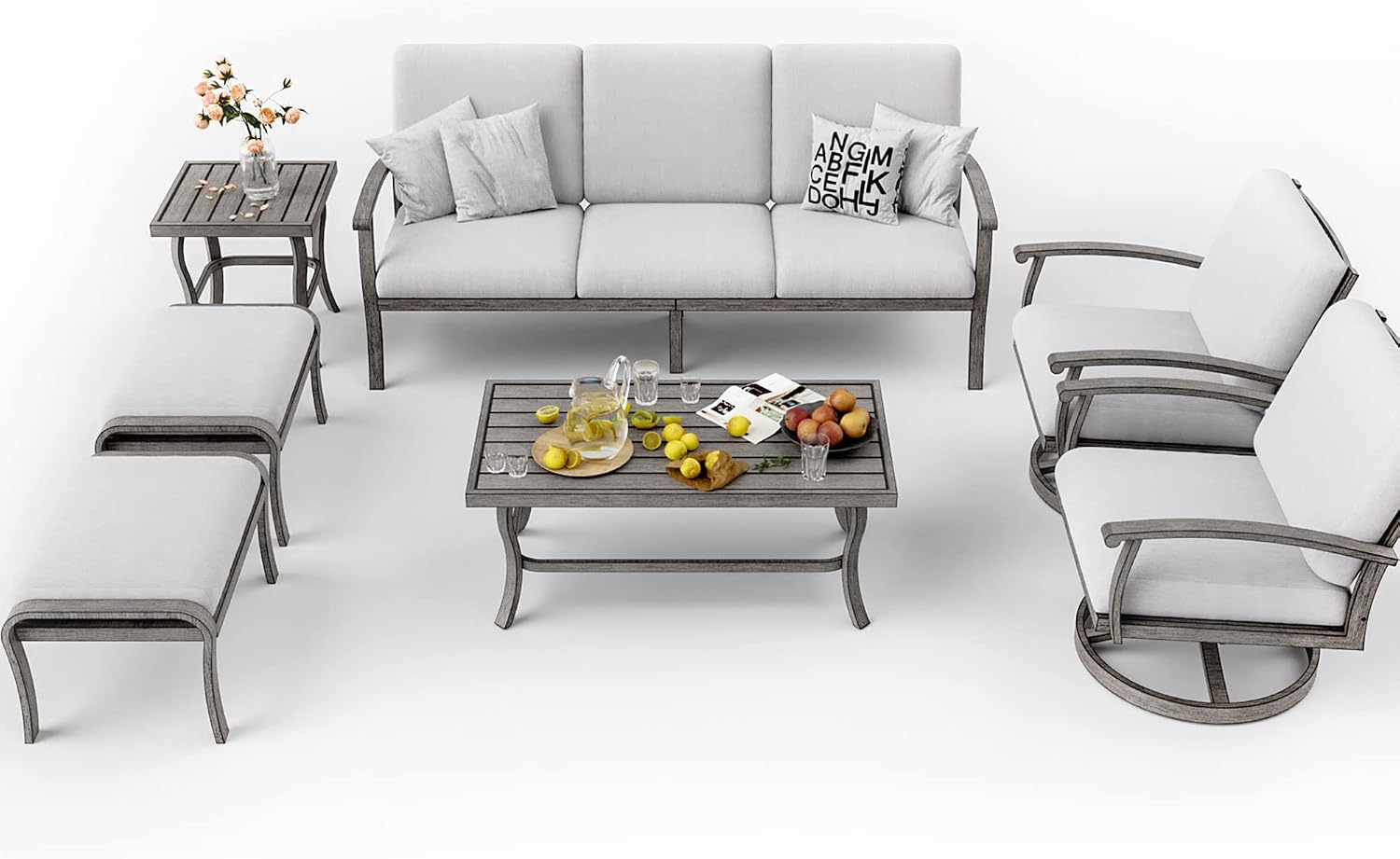 HAPPATIO 7 Piece Aluminum Patio Furniture Set, 3-Seat Outdoor Ottoman and Swivel Armchair, Outdoor Sectional Sofa with Side Table and Coffee Table, Garden Conversation Set for Lawn(Gray)