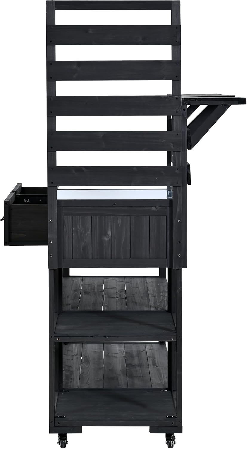 62.3'' Patio Kitchen Island, Solid Wood Kitchen Cart with Stainless Table Top, Garden Potting Bench with Raised Shelf and Drawers, Grill Prep Table for BBQ, Party (Black-62.3'')
