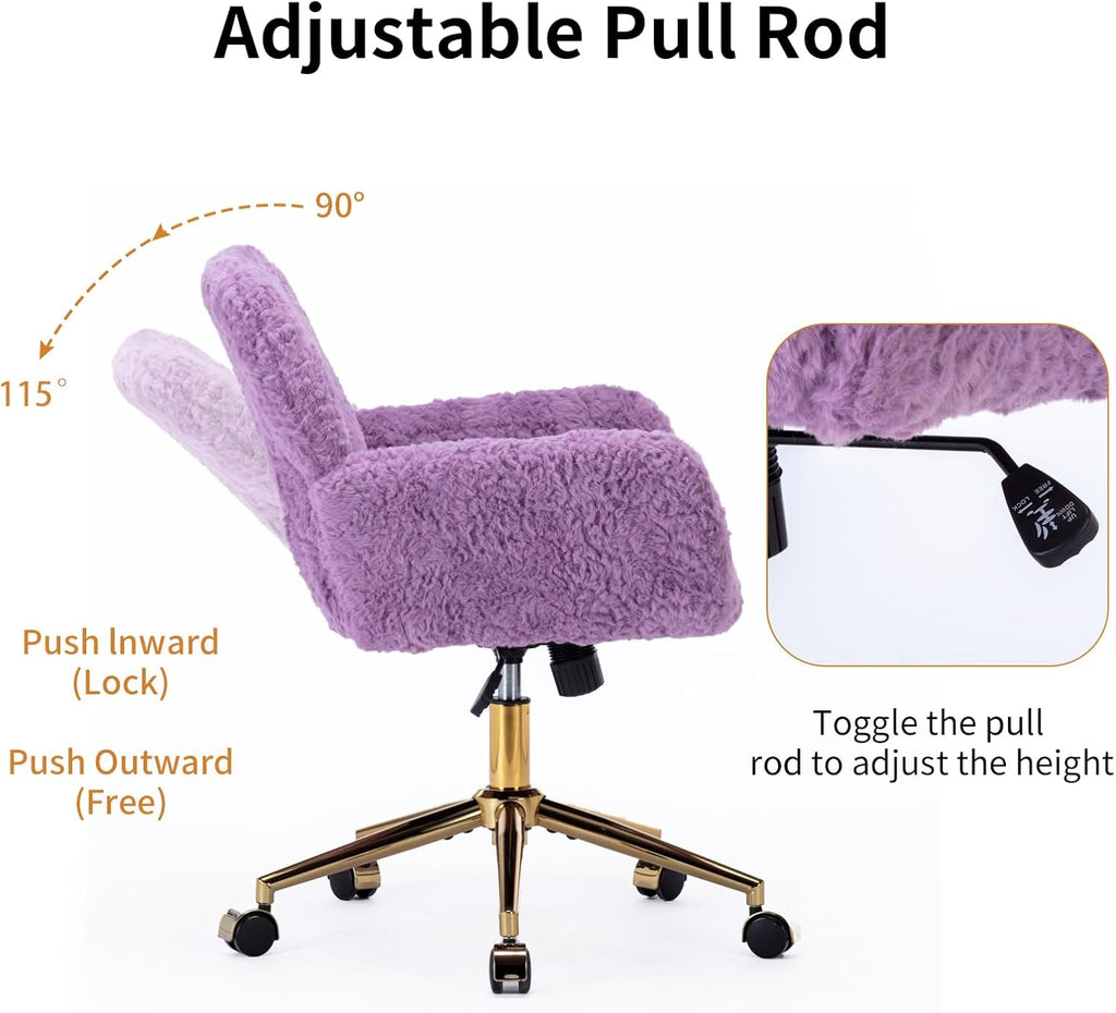 Shenyon Faux Fur Makeup Vanity Chair, Comfy Fuzzy Home Office Desk Chair with Wheels & Gold Base, Upholstered Adjustable Swivel Office Chair for Teens Girls Women Home Office, Violet