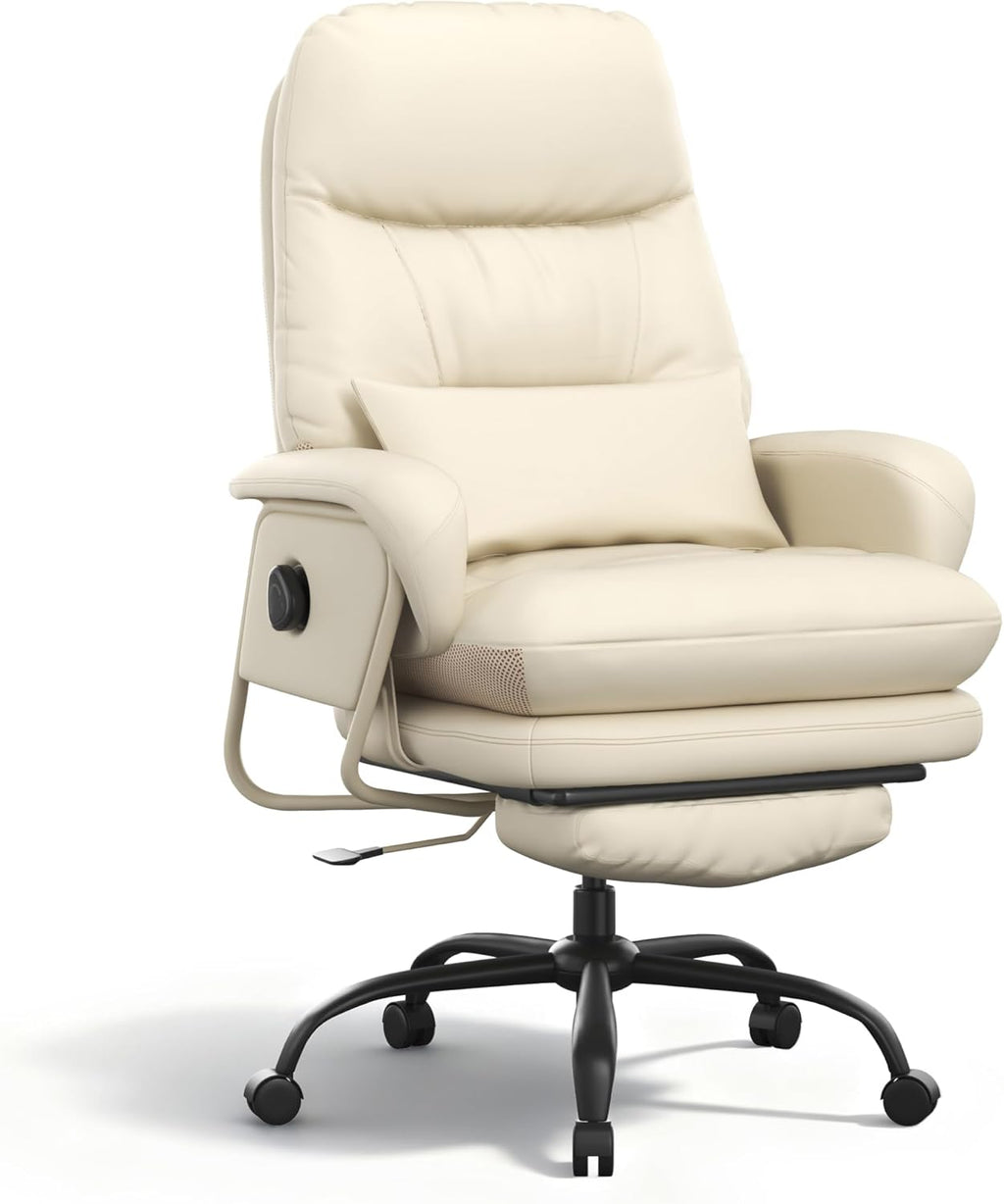 FLEXISPOT Ergonomic Office Chair with Footrest High Back Computer Desk Chairs Indoor Lounge Chair with Wheels 90-165° Reclining Lumbar Support, Chairs for Working Relaxing Cross Legged, Leather, White