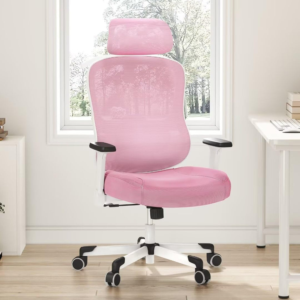 Ergonomic Office Chair Big Tall Reclining Gaming Chair Adjustable Lumbar Support 6D Armrest 6D Headrest Breathable Mesh Swivel Computer Chairs Home Task Desk Chair Wheels Coat Hanger Tilt Lock Pink