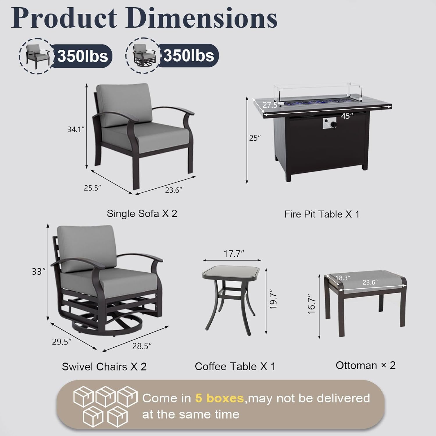 ALAULM Aluminum Patio Furniture Set with Propane Fire Pit Table 6-seat Metal Outdoor Furniture w/Swivel Chairs Patio Sectional Sofas w/5.1' Cushions for Patio, Backyard, Poolside-Grey