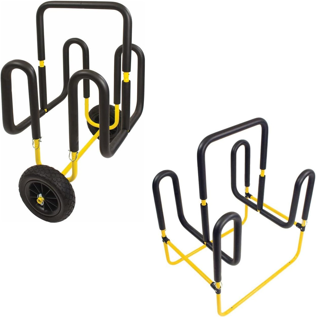 Suspenz Stand Up Paddle Board Surfboard Transport Cart & Stand, Double Trouble Carrier/Trolley Converts to a Stand for 2 SUPs & Surfboards, Yellow (22-9935)