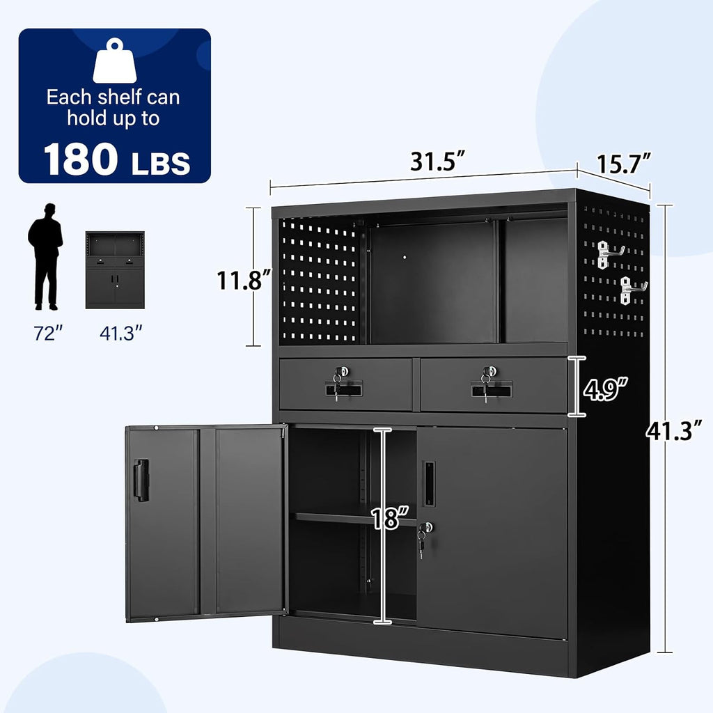 Yizosh Metal Storage Cabinet with 2 Drawers and Locking Doors,- 41.3' Steel Lockable Storage Cabinet with Shelves for Home Office,Garage,School (Black)