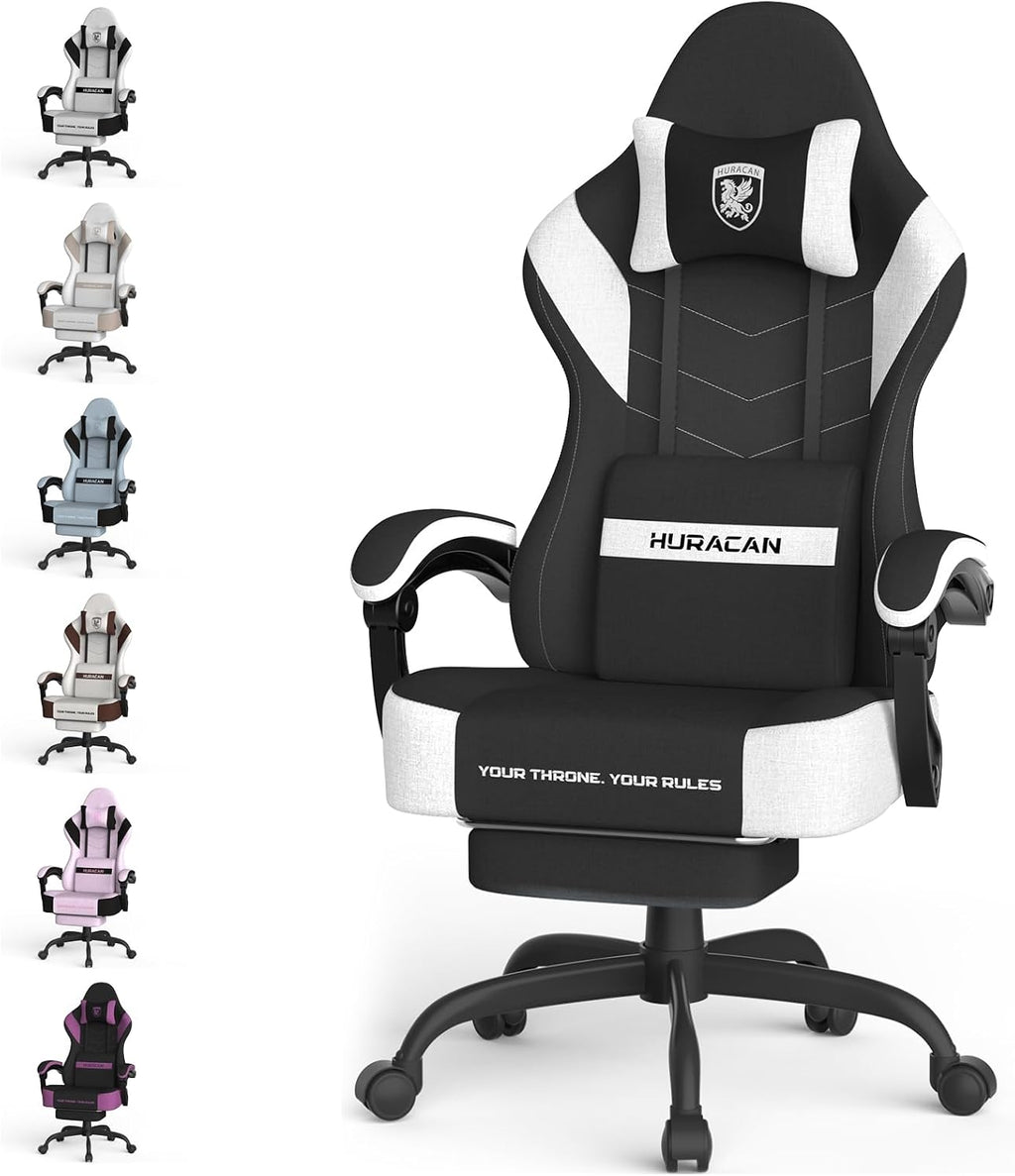 Ferghana Cotton Fabric Gaming Chair with Wider Seat Cushion, Shield-Shaped Embroidery Ergonomic High Back Game Chair with Footrest, Computer Chair with Massage Lumbar Support for Adult, Black/White