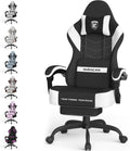 Ferghana Cotton Fabric Gaming Chair with Wider Seat Cushion, Shield-Shaped Embroidery Ergonomic High Back Game Chair with Footrest, Computer Chair with Massage Lumbar Support for Adult, Black/White
