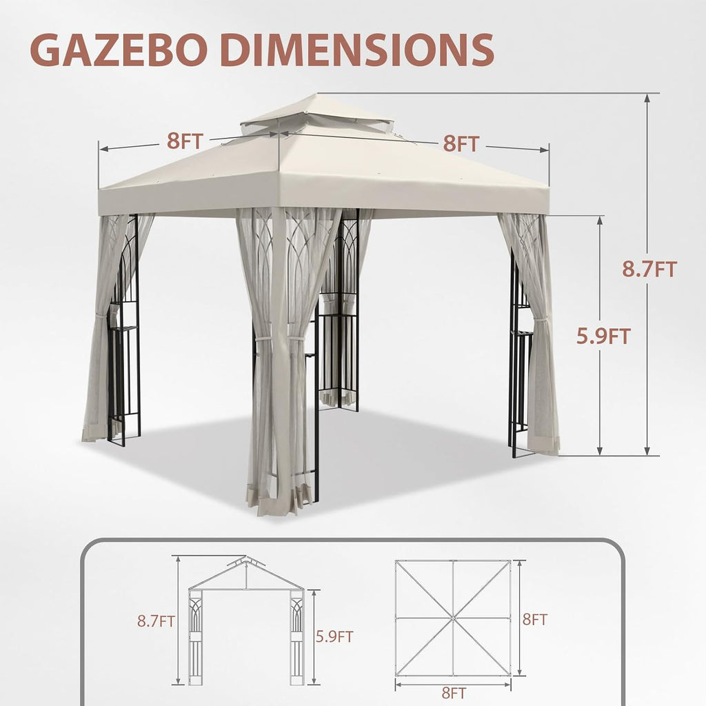 EAGLE PEAK 8x8 Patio Gazebo with Mesh Netting, Double Roof Outdoor Pavilion with Corner Shelves for Lawn, Deck, Garden and Backyard, Beige
