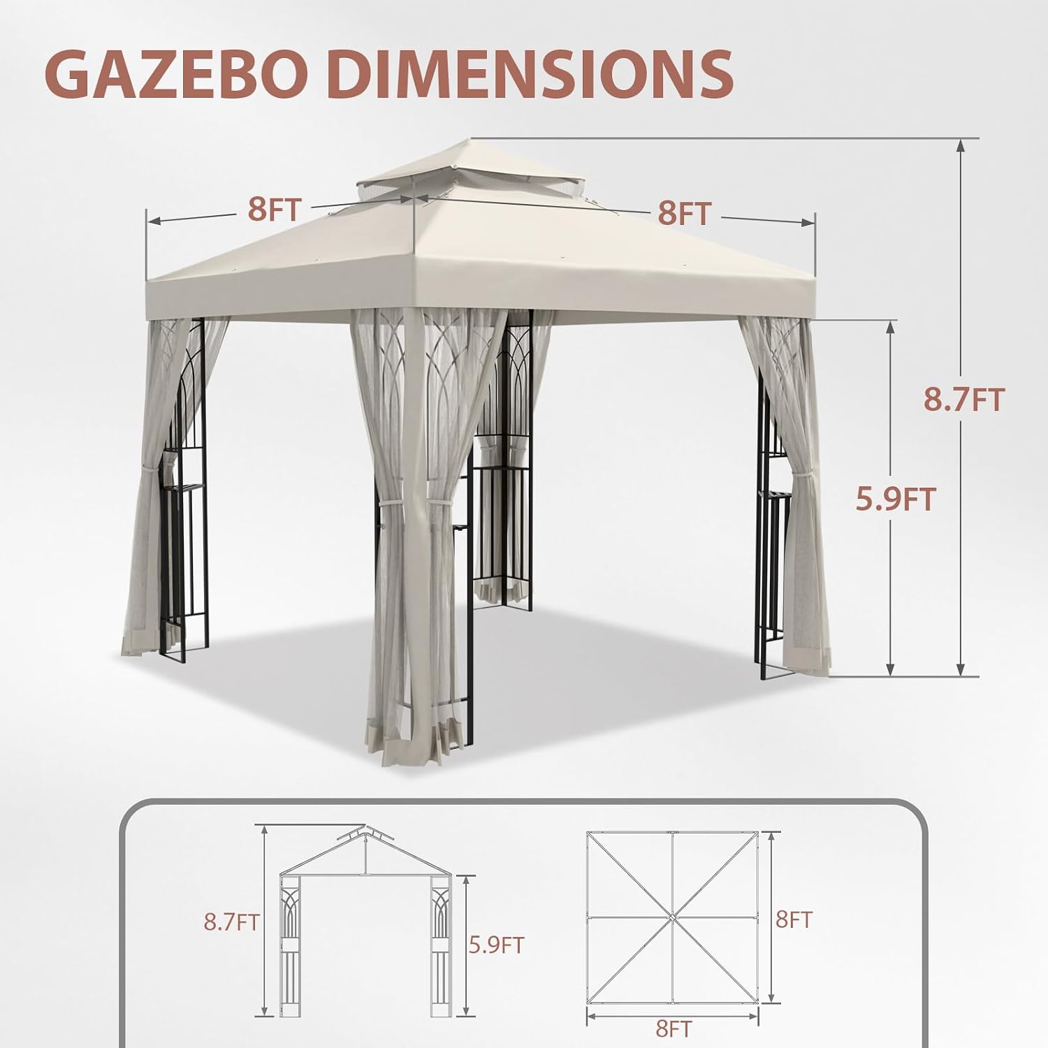 EAGLE PEAK 8x8 Patio Gazebo with Mesh Netting, Double Roof Outdoor Pavilion with Corner Shelves for Lawn, Deck, Garden and Backyard, Beige