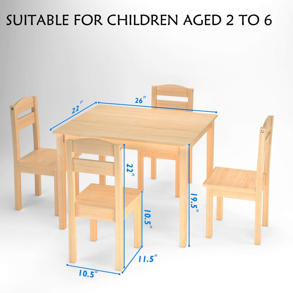 Nightcore Kids Wooden Table and 4 Chair Set, Activity Table Chair Set for 2 to 6 Years, Toddler Game, Playroom Furniture, Picnic Table w/Chairs, Solid Wood 5 Piece Dining Table Set (Natural)