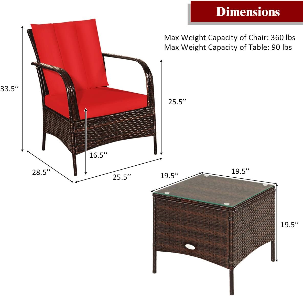 COSTWAY 3 Pieces Patio Rattan Furniture Set, Outdoor Conversation Chair Set with Coffee Table & 2 Cushions for Backyard, Porch, Poolside, Lawn, Garden, Red