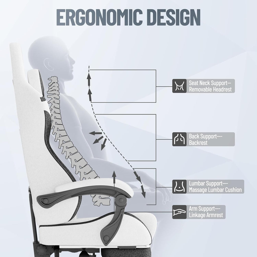 Soontrans White Gaming Chair, Fabric Ergonomic Computer Chair with Footrest and Linkage Armrest for Adult, High Back Office Game Chair with Massage Lumbar Support