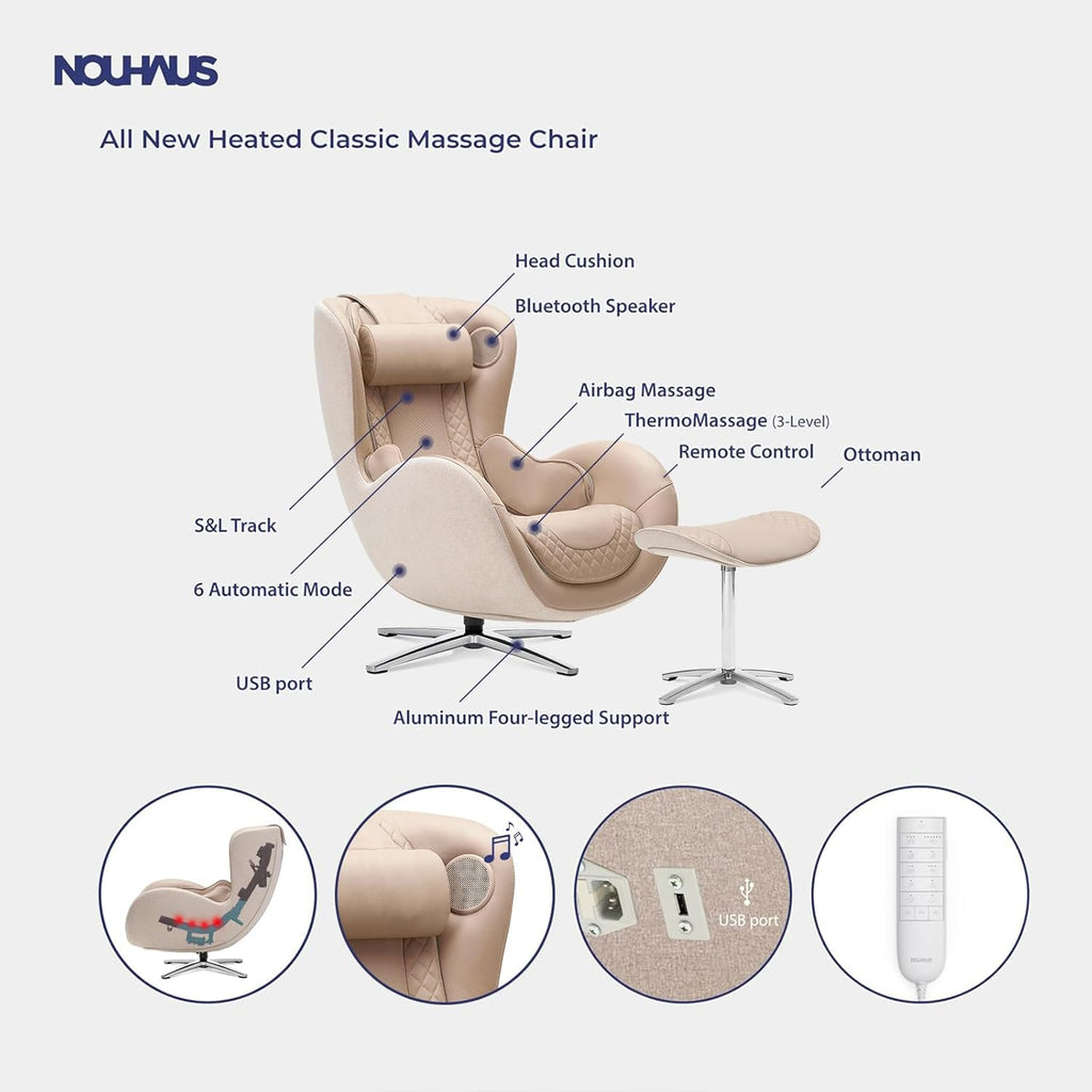 Nouhaus Classic Massage Chair with Ottoman – Mellow Sand Leather Recliner with Percussive Shiatsu Massager, Built-in Speaker & Full Body Spot Massage – Ultimate Comfort for Home & Office