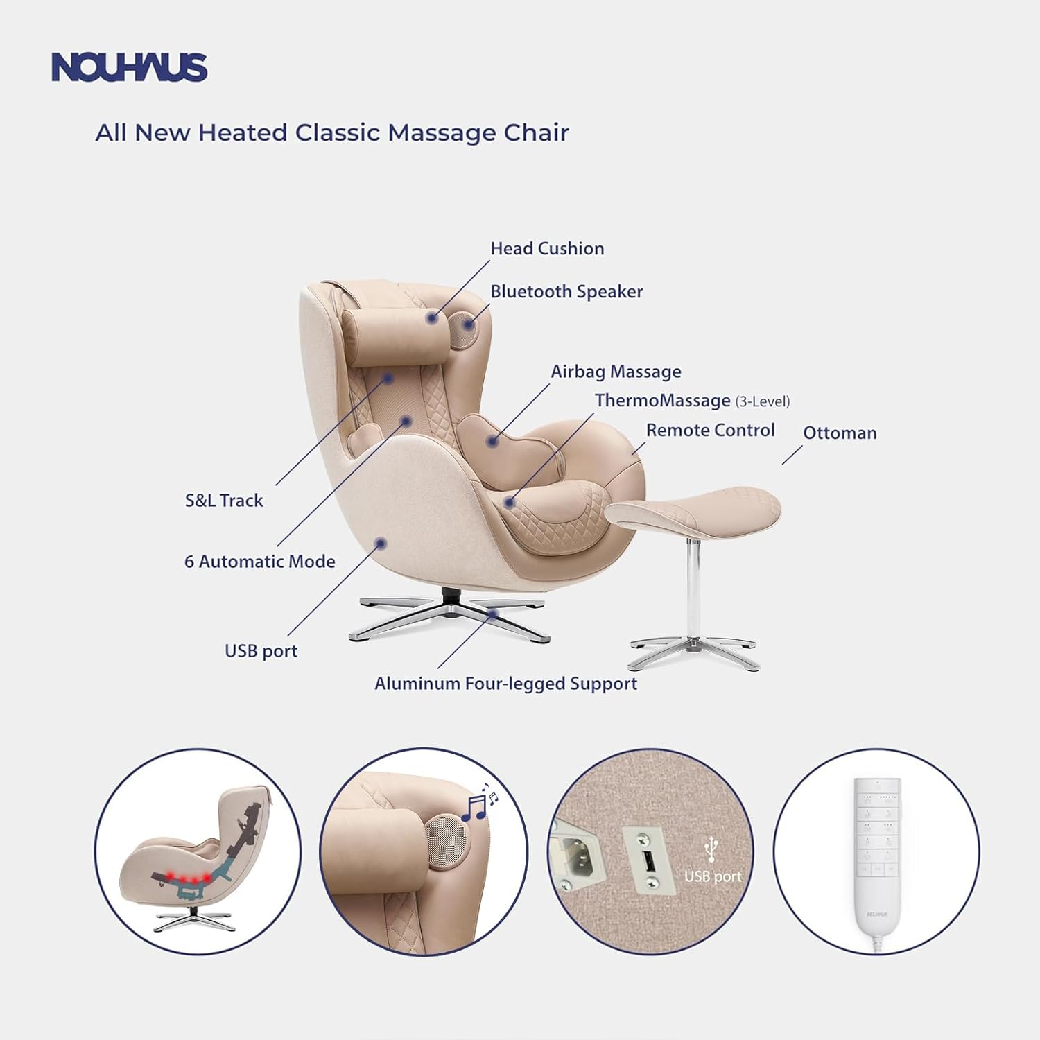 Nouhaus Classic Massage Chair with Ottoman – Mellow Sand Leather Recliner with Percussive Shiatsu Massager, Built-in Speaker & Full Body Spot Massage – Ultimate Comfort for Home & Office