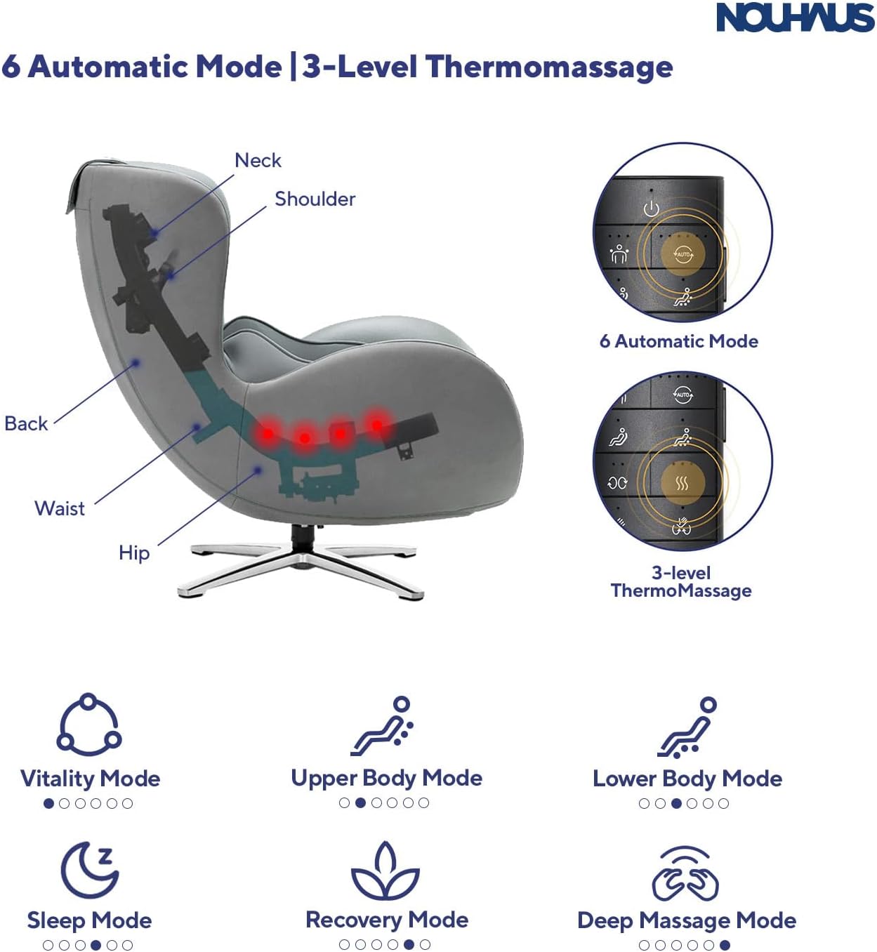 Nouhaus Heated Classic Massage Chair with Ottoman – Full Body & Spot Shiatsu Massager, Recliner with Bluetooth Speaker & in-Chair Charger – Portable & Ergonomic Design