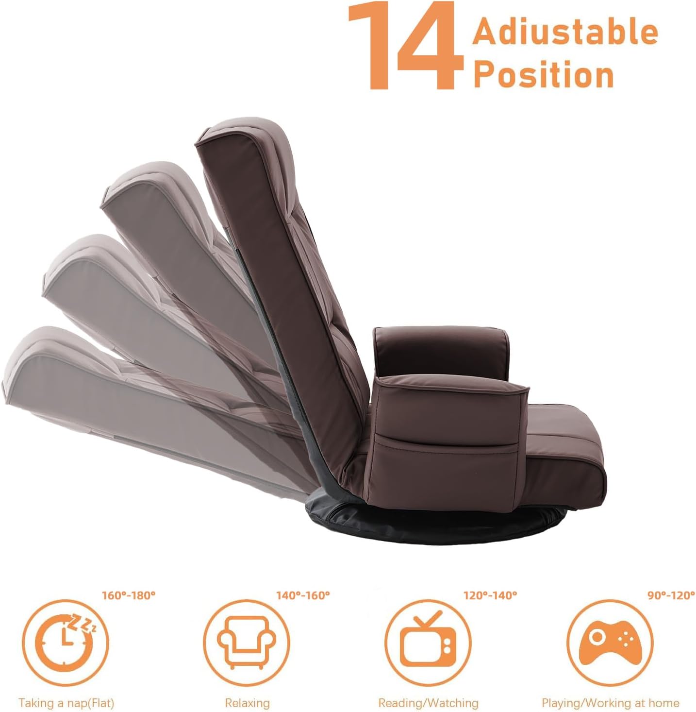 360° Swivel Floor Chair with Armrests, 14-Position Adjustable Floor Lounger for Adults, Folding Padded Floor Seat with Backrest for Gaming, Reading & Living Room (Brown)