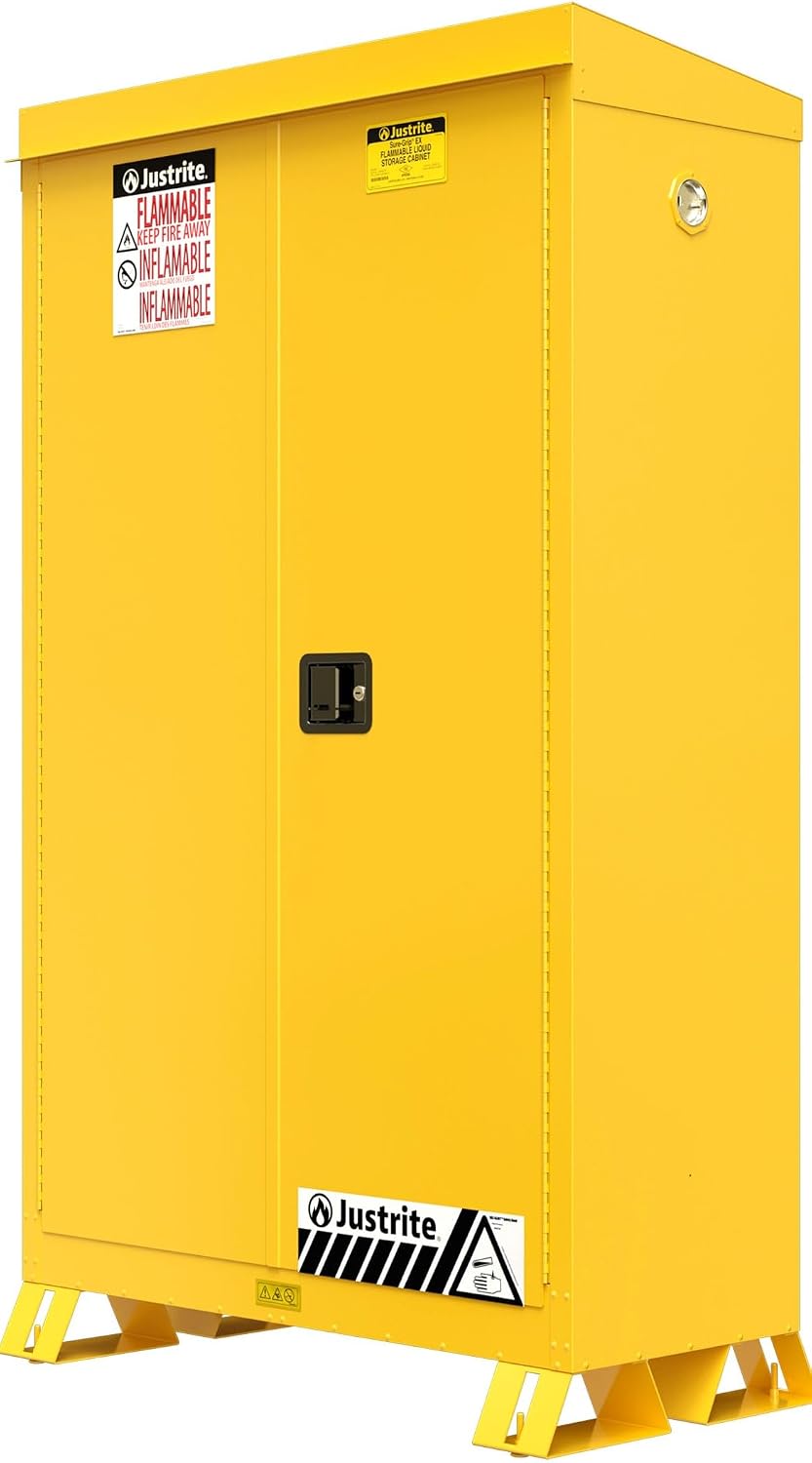 Justrite Reinforced Steel Outdoor Flammable Liquid Storage Cabinet, 2 Shelves with 350 lb. Capacity, 2 Self-Close Door Fire Cabinet, 45 Gallon, 65'x 43'x 18', Made in The USA, Yellow, 814520