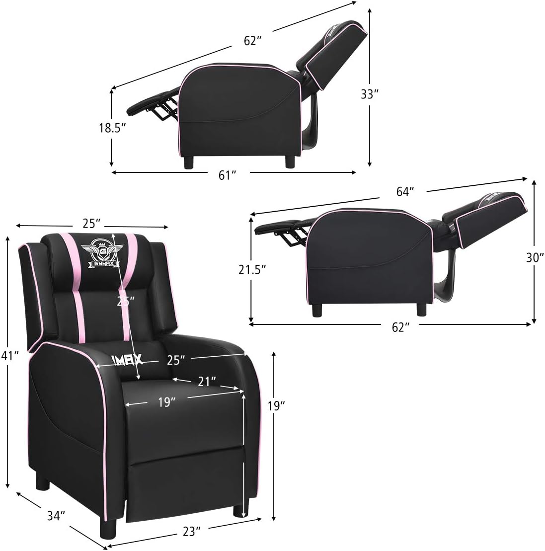 POWERSTONE Gaming Recliner Chair, Reclining Gaming Chairs for Adults Ergonomic Leather Sofa with Footrest Lumbar Support Headrest and Side Pouch for Living Room Home Theater, Pink
