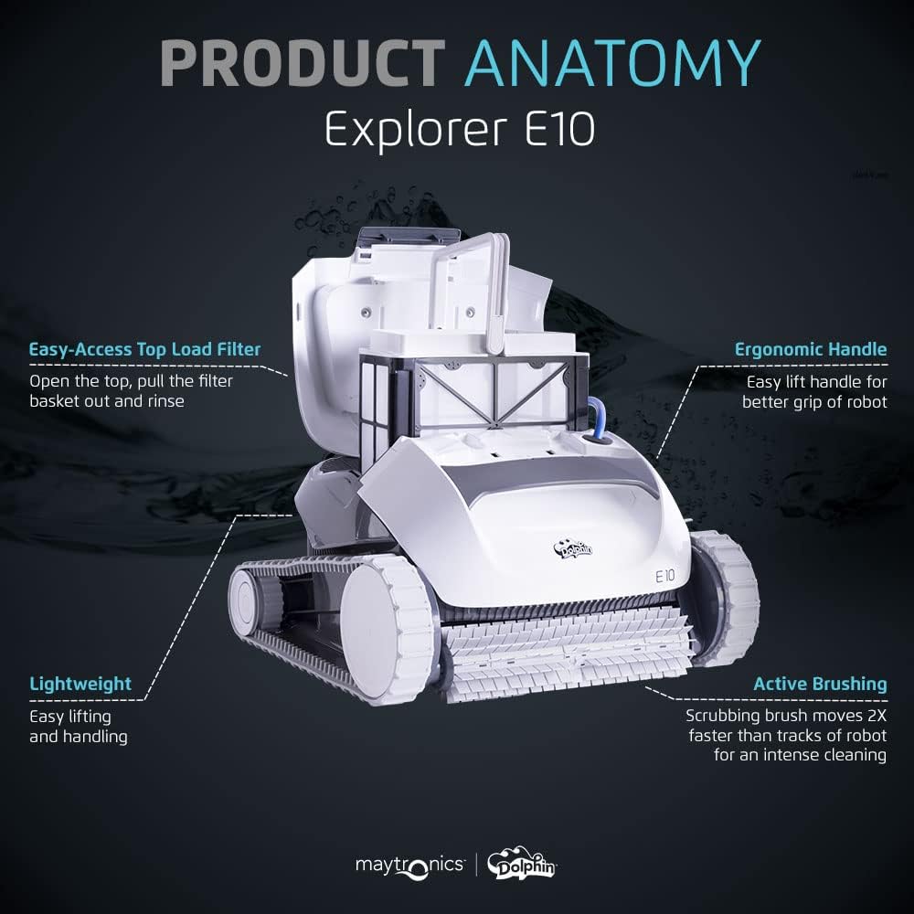 Dolphin E10 Automatic Robotic Pool Vacuum Cleaner, Active Scrubber Brush, Top Load Filters Access