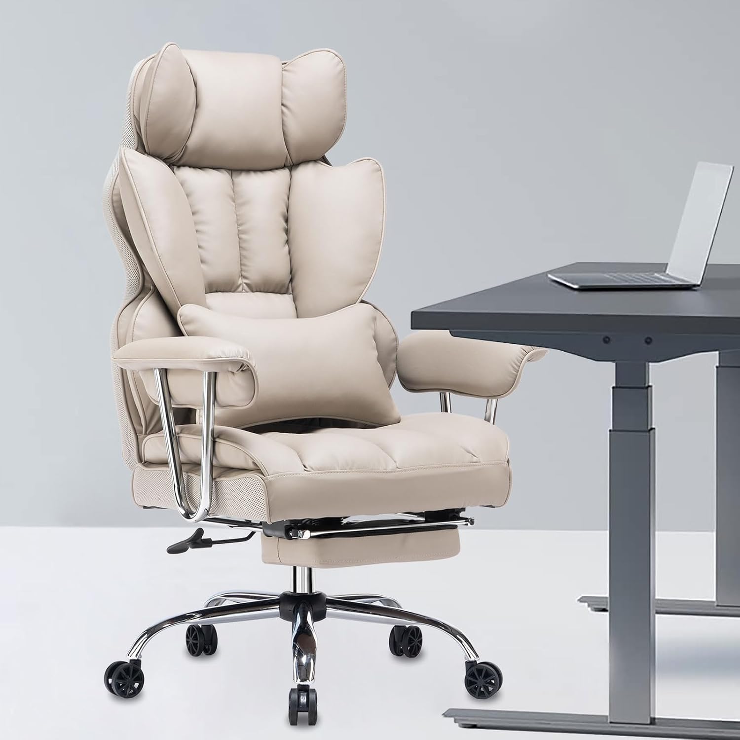 Efomao Big and Tall Office Chair, 400lbs Heavy Duty High Back Executive Chair with 23.6' Extra Wide Seat, PU Leather Desk Chair with Footrest and Padded Armrests, Grey