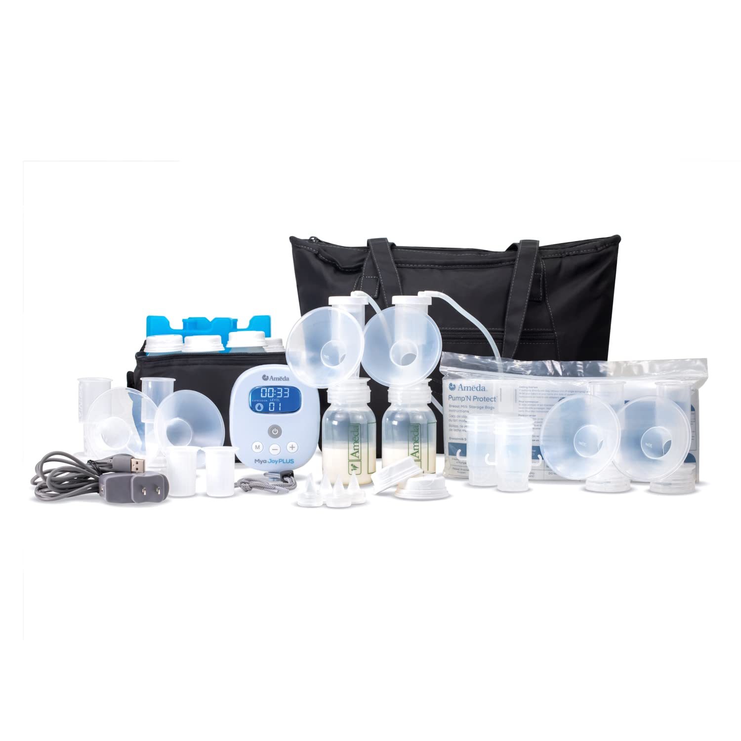 Ameda MYA Joy Plus Rechargeable Breast Pump with Deluxe Tote, Includes Cool & Carry Bag with 6 Containers, 50 Milk Bags, 4 Extra Valves, and 2 Diaphragms