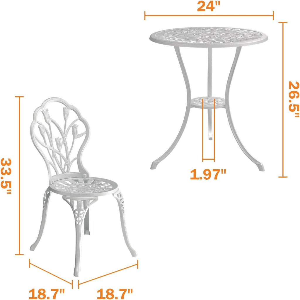 Outdoor Bistro Table and Chairs Set of 2, 3 Piece Patio Bistro Set w/Umbrella Hole, Rust-Resistant Cast Aluminum Bistro Set for Garden/Balcony/Backyard, White