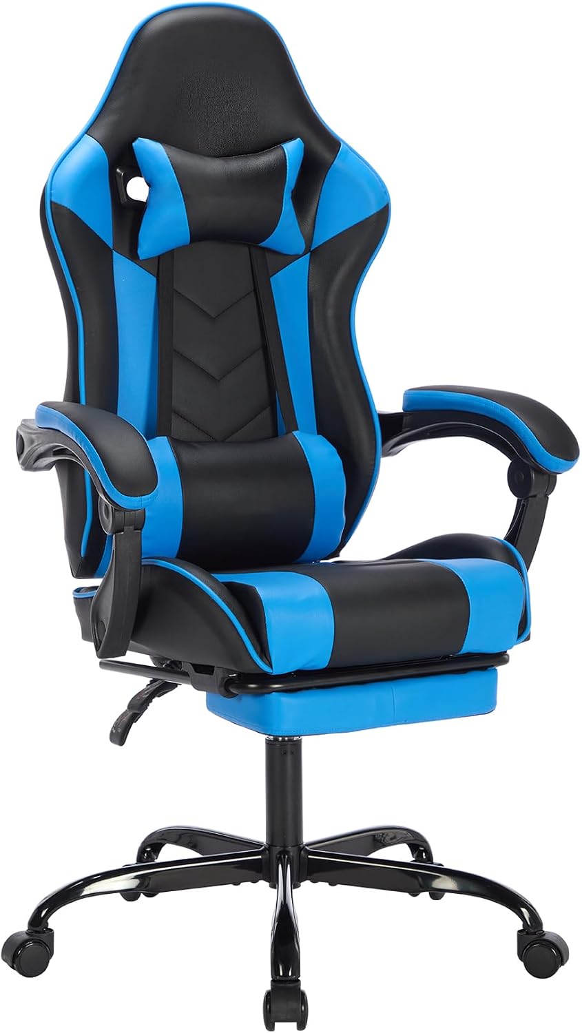 Gaming Chair with Footrest, Ergonomic Computer Chair with Headrest and Lumbar Support, Breathable Material Height Adjustable Swivel Video Game Chairs for Adults, 300lbs Max, Black & Blue