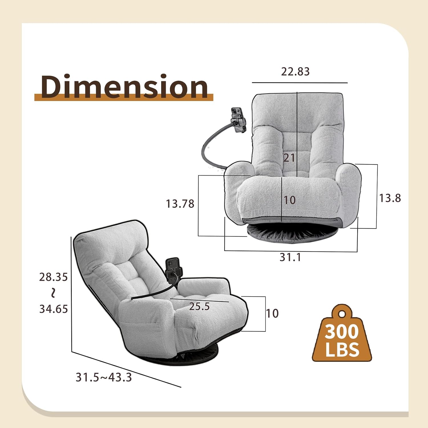 Swivel Lazy Floor Chair, Adjustable Reclining Floor Lounger with Head & Back Support and Phone Holder, Comfy Tatami Sofa Seat for Adults Bedroom & Gaming