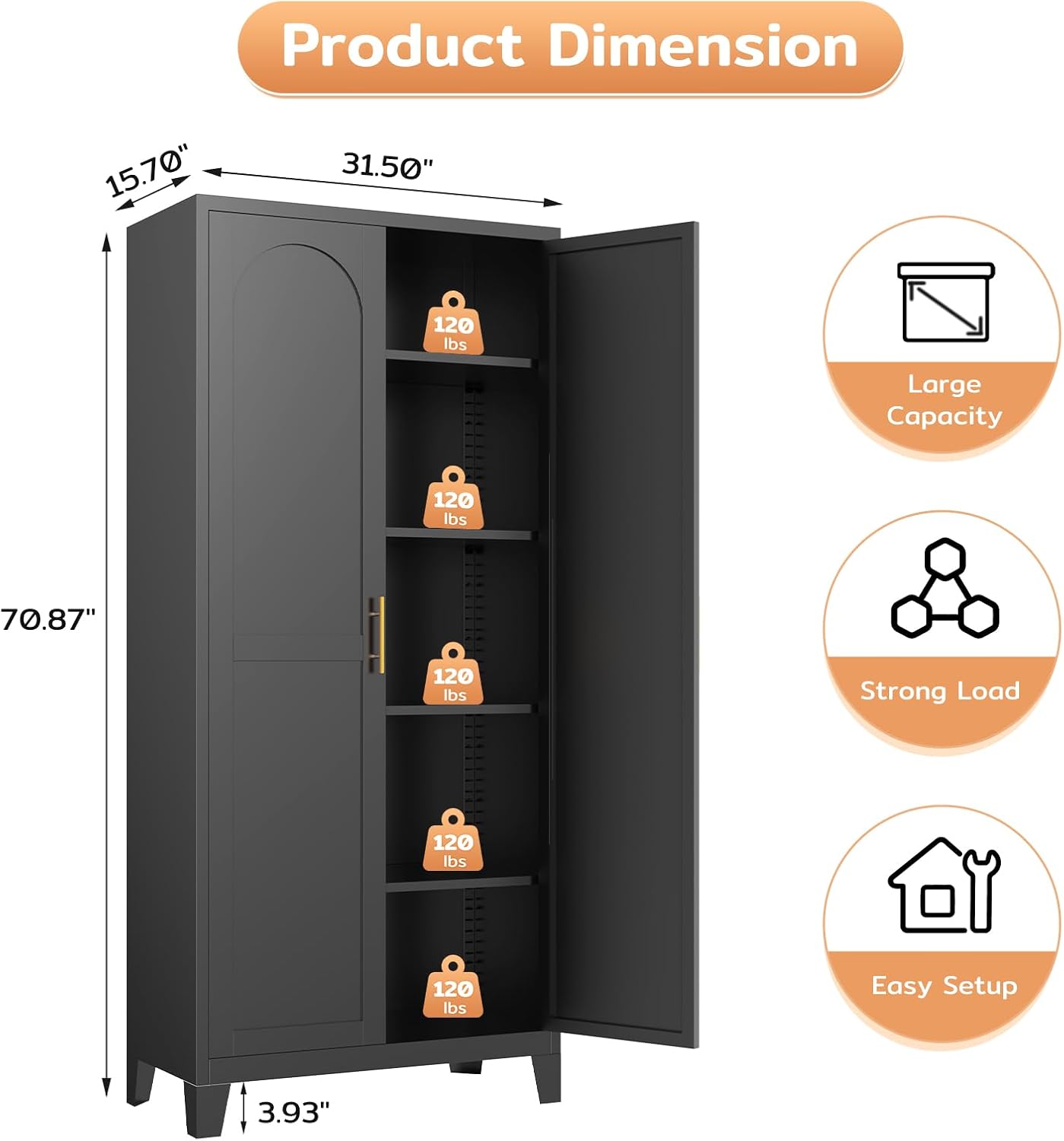 Zevemomo 70.87' H Metal Kitchen Pantry Cabinet, Freestanding Cupboard with 2 Doors and 4 Adjustable Shelves, Tall Metal Storage Cabinet for Kitchen, Bathroom, Dinning Room or Laundry Room （Black）