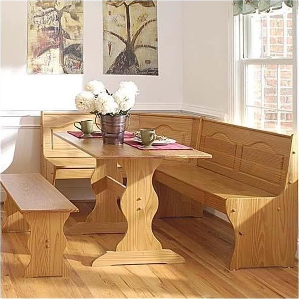 Pemberly Row Corner Kitchen Dining Nook Bench, Natural Honey Pine Finish, Space-Saving Adjustable Design, 67 in W x 51.5 in D x 33.5 in H, Traditional Style Cozy Seating for Small Kitchen Spaces
