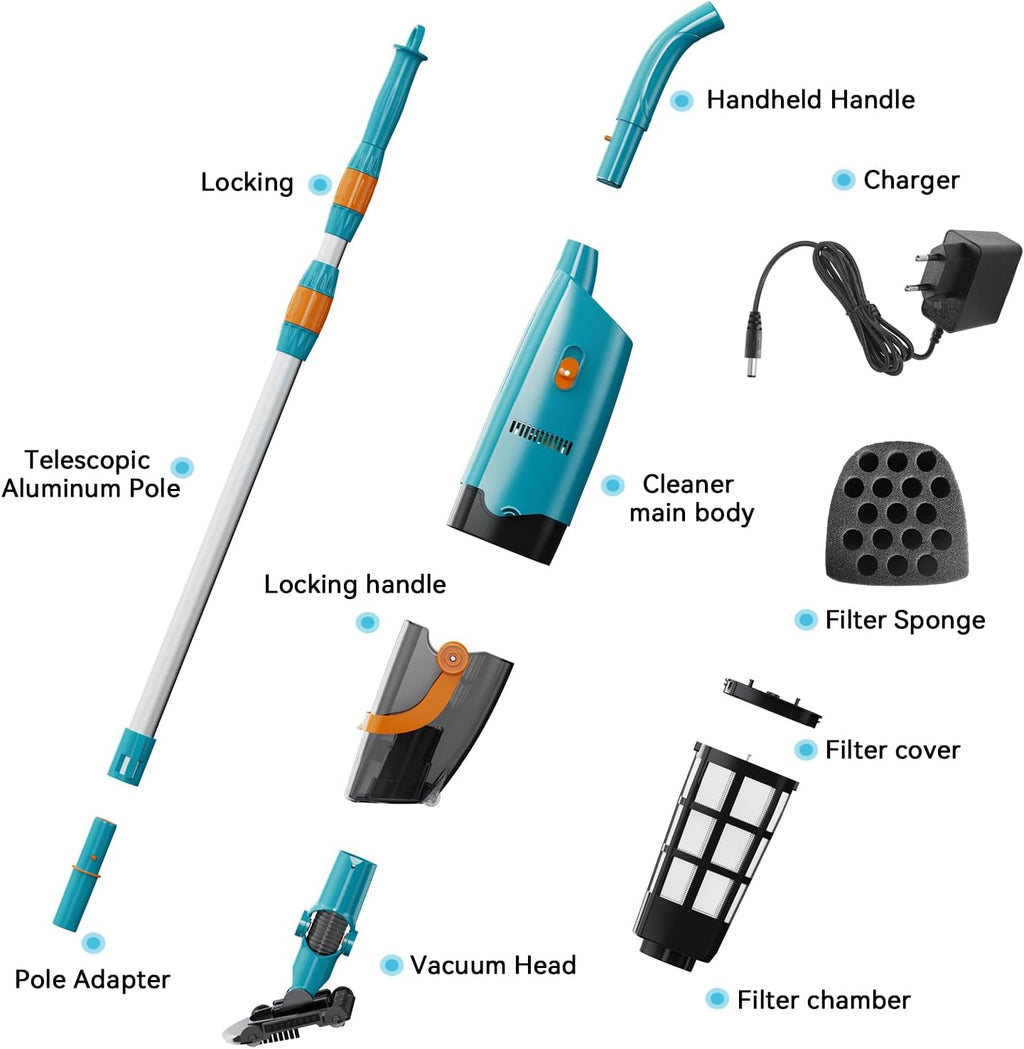 LVKE L2 Cordless Handheld Pool Vacuum for Above Ground Pool with Telescopic Pole, 30W Strong Suction, 1H Runtime, High-Efficiency Screen & Fine Sponge Trap Leaves & Grit Ideal for Pool Cleaning, Blue