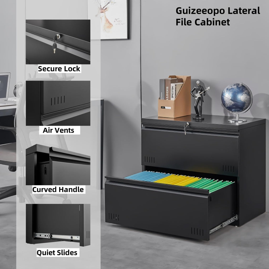 Guizeeopo Metal File Cabinet with Lock, 2 Drawer Lateral File Cabinets for Home Office, Printer Stand, Heavy Duty Office Storage Cabinet for A4/Letter/Legal Size, Assembly Required(Black)