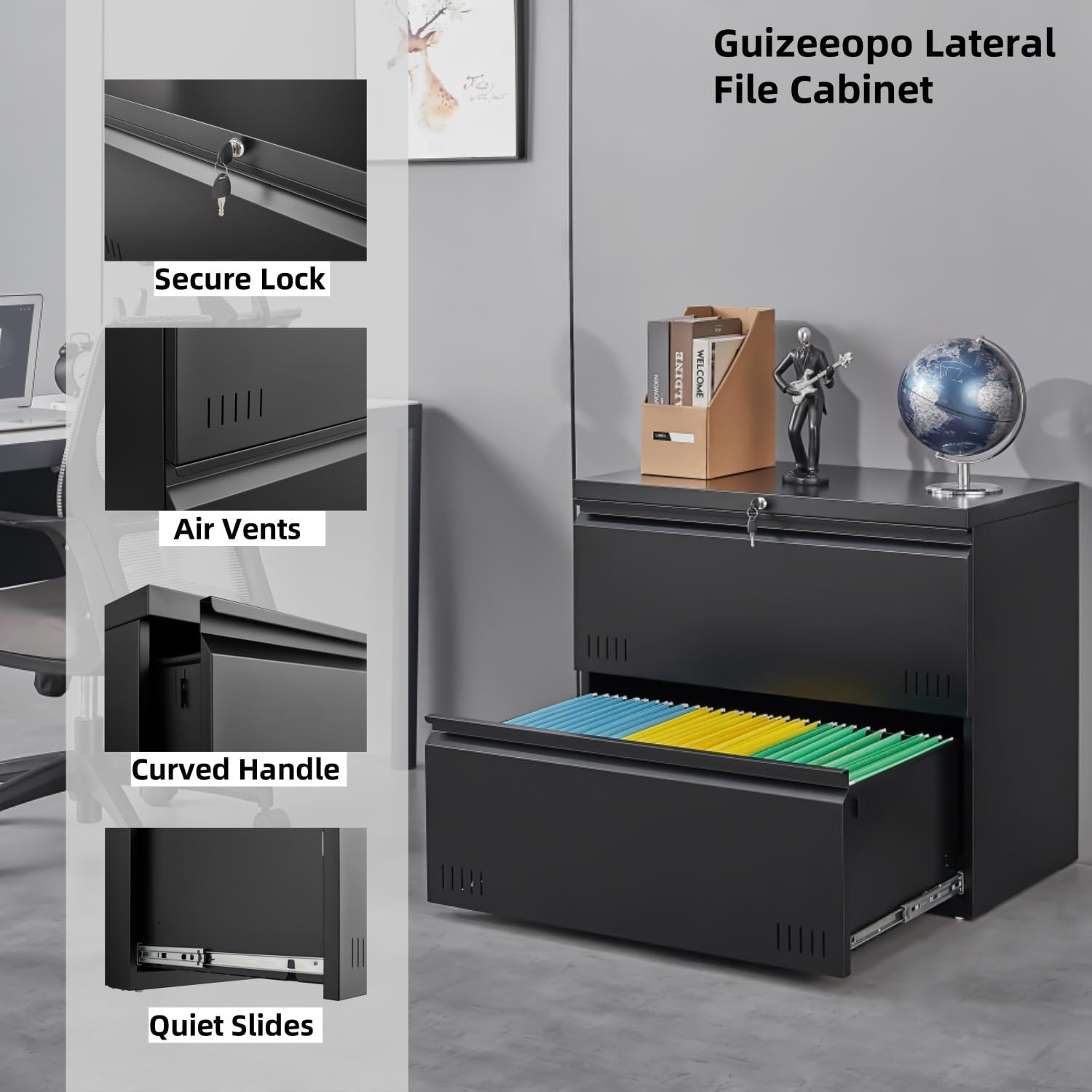 Guizeeopo Metal File Cabinet with Lock, 2 Drawer Lateral File Cabinets for Home Office, Printer Stand, Heavy Duty Office Storage Cabinet for A4/Letter/Legal Size, Assembly Required(Black)