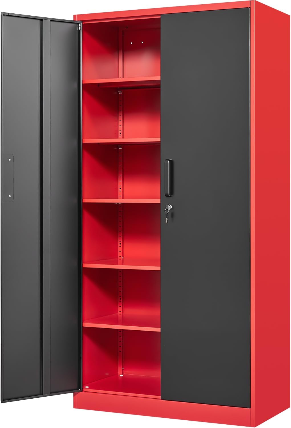 Fesbos Metal Storage Cabinet-71' Tall Steel File Cabinets with Lockable Doors and Adjustable Shelves-Black&Red Steel Storage Cabinet for Home, School, Office, Garage