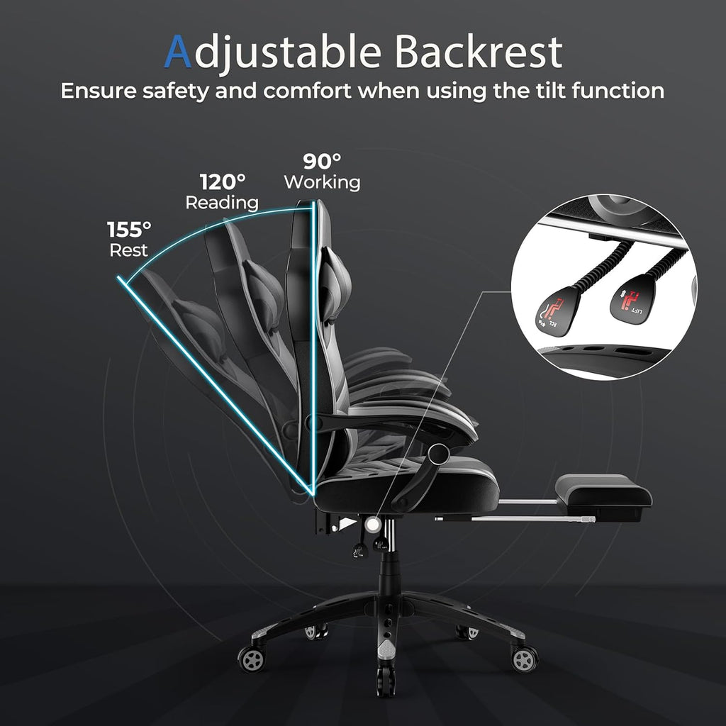 POWERSTONE Gaming Chair Video Game Chair with Footrest and Lumbar Support Racing Style PU Leather Computer Chair Ergonomic Adjustable Swivel Task Chair Gray