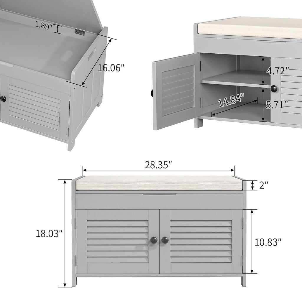 WARMHONIU Shoe Storage Bench with Lift Top Storage, Entryway Bench with Cushioned Seat, Adjustable Shelf, 2 Tier Shoe Rack with Doors for Entryway, Bedroom, Hallway, Mudroom, Grey