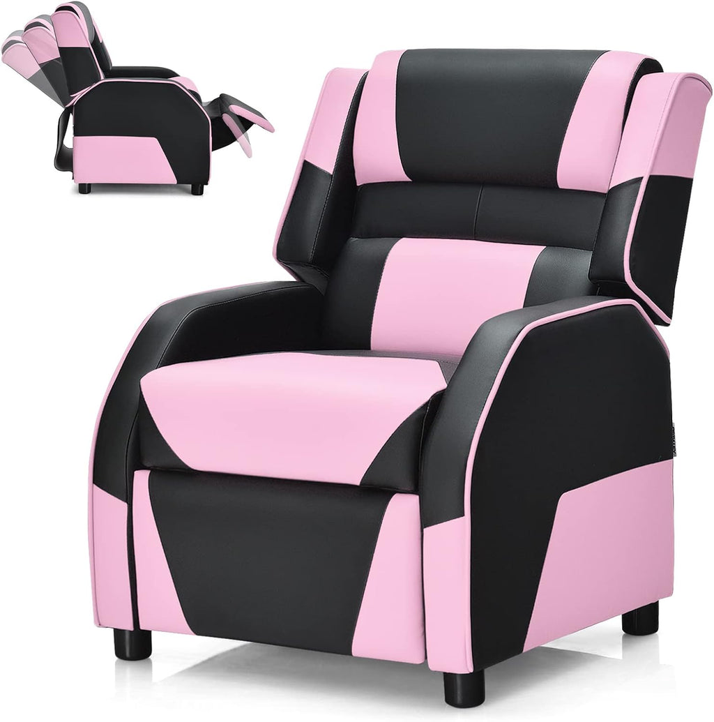 COSTWAY Kids Recliner Sofa, Toddler Leather Recliner with Adjustable Footrest & Headrest, Gaming Reclining Chair for Boys Girls Aged 3 Years Up, Kid-Sized Lounge Chair for Living Room (Pink)