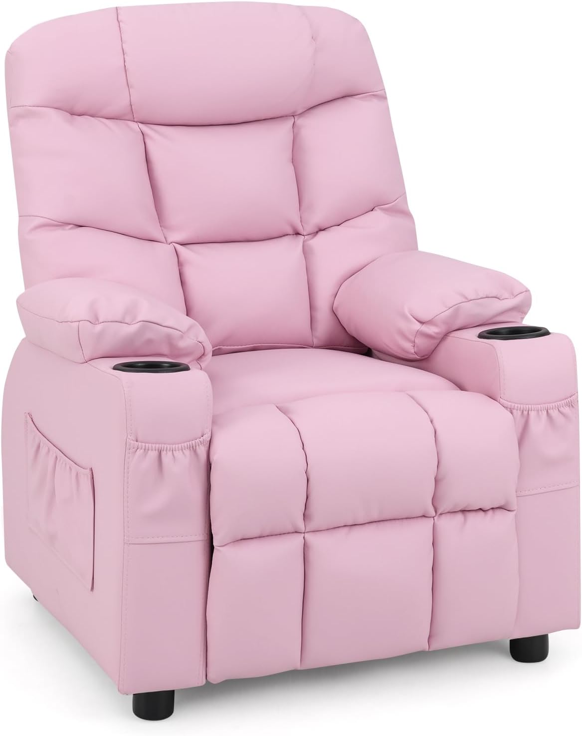 MAT EXPERT Kids Recliner, Leather Adjustable Reading Gaming Chair w/ 2 Cup Holder, 3 Side Pocket Storage & Footrest, Kids Couch,Toddler Recliner Sofa for Boys Girls, Kids Room Playroom Nursery (Pink)