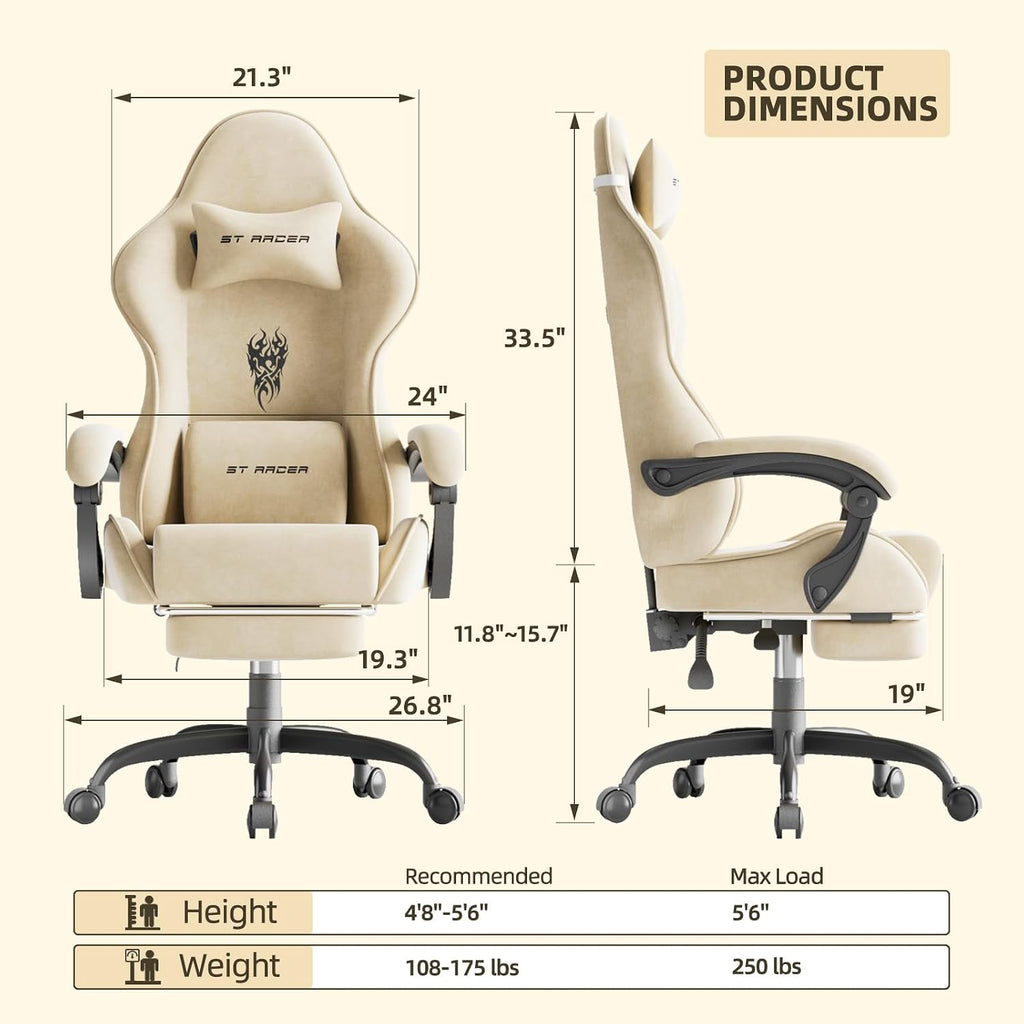 Soontrans Velvet Fabric Gaming Chairs with Footrest, Ergonomic Video Gamer Chair for Adult, Reclining Office Computer Desk Game Chairs with Massage Lumbar Cushion,Headrest