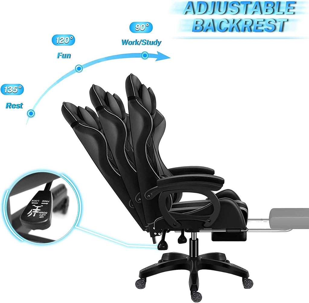 Gaming Chair with Speakers and RGB Lights, Video Game Chairs Ergonomic Pro Office Chair with Full Massage Lumbar Support, 90°-135° Backrest Adjustable Computer Chairs with Footrest,Black