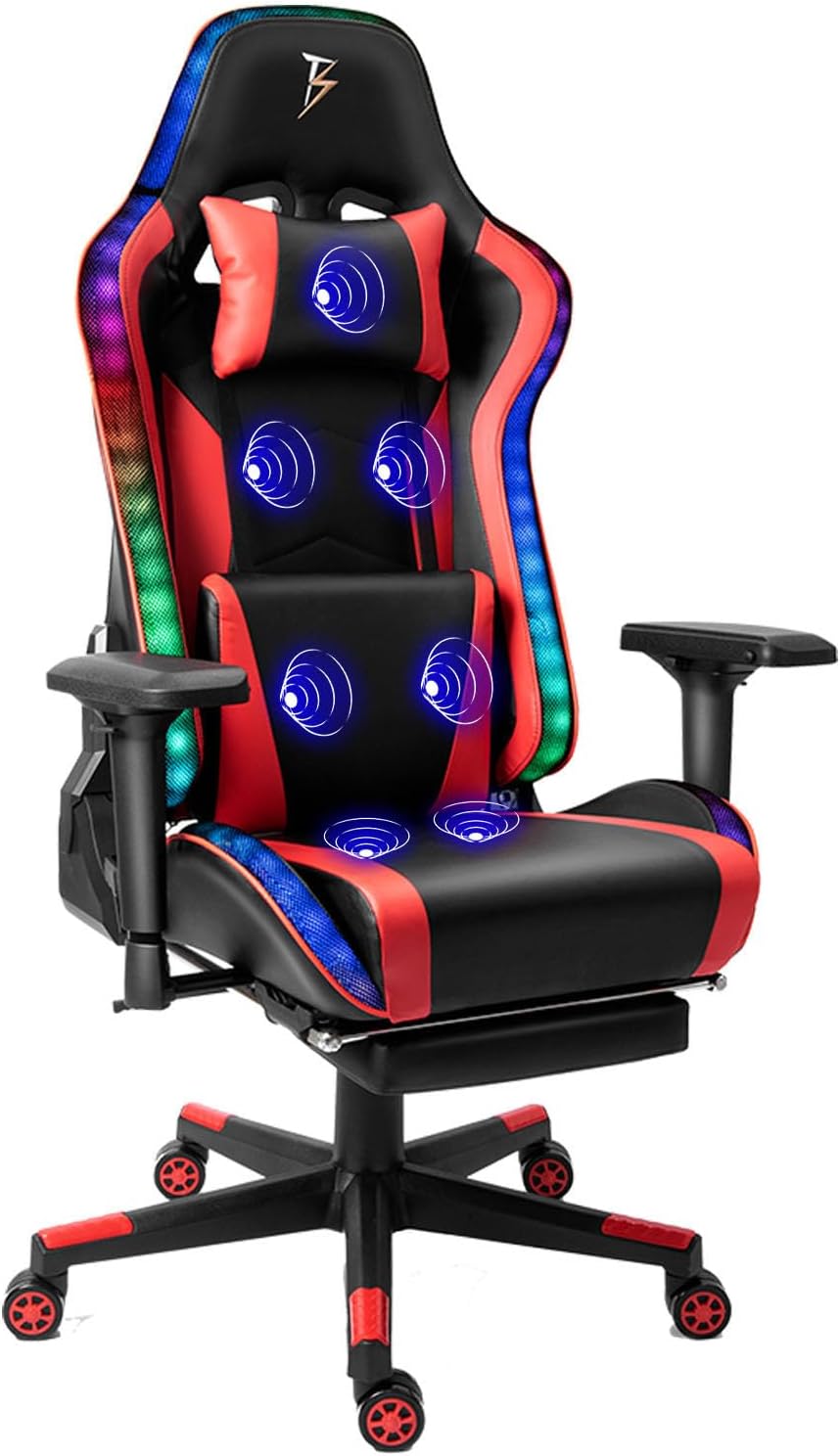 Professional Video Gaming Chair with Speakers and Massage Function, Ergonomic Gaming Chair with RGB Lighting with Footrest and Lumbar Support, Reclining Gaming Chair Office Chair,Red