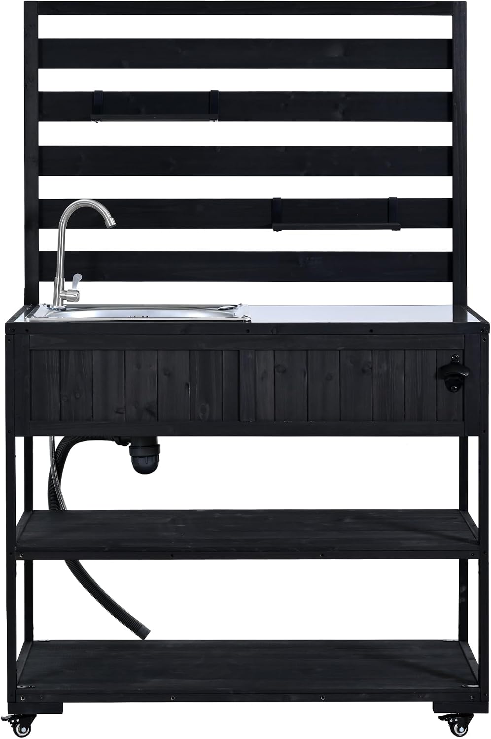 41.7'' Large Patio Rolling Kitchen Island Solid Wood Kitchen Cart with Sink, Garden Potting Bench with Stainless Table Top, 2 Movable Shelves and 1 Bottle Opener (Black-41.7'')