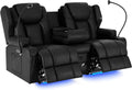 Power Recliner Loveseat for Living Room, Loveseat Sofa with Center Console, USB Type-C Port, Leather Chair with Massage and Heat, Speaker Oversized Recliner Chair for Home Theater (Black)