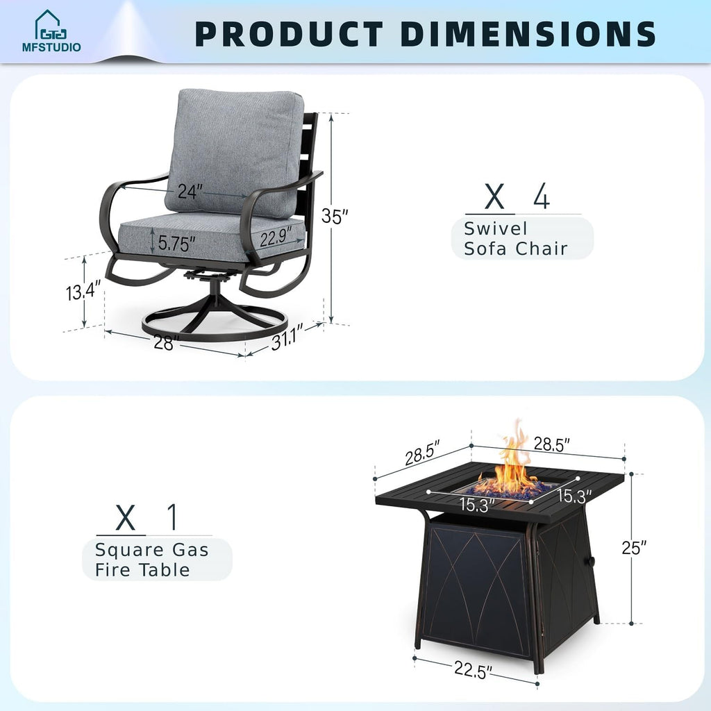 MFSTUDIO 5 Pieces Patio Conversation Sets, Outdoor Metal Furniture Sofas with 1 x 28 50,000 BTU Square Propane Gas Fire Pit Table and 4 x Steel Frame Patio Sofa Swivel Chairs with Grey Cushion