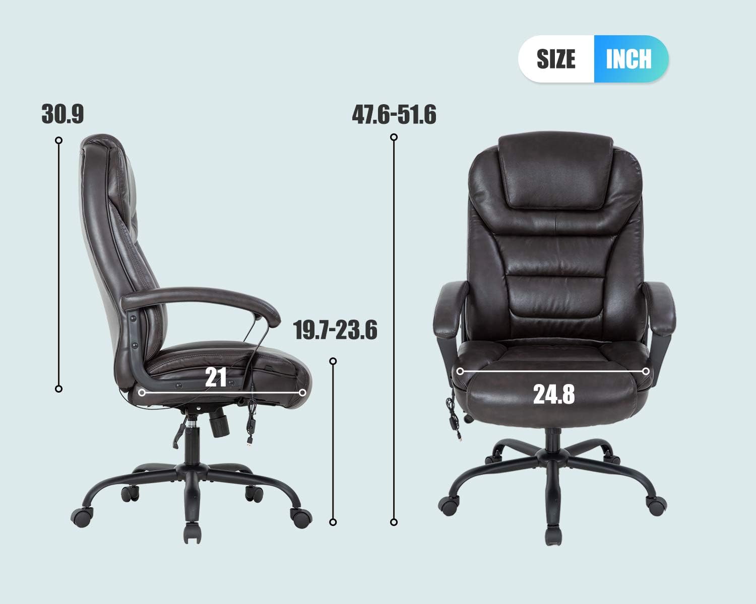 Big and Tall 500lbs Wide Seat Ergonomic Desk Chair with Lumbar Support Arms Headrest Massage Office Chair Rolling Swivel PU Leather Task Computer Chair for Adults(Brown)