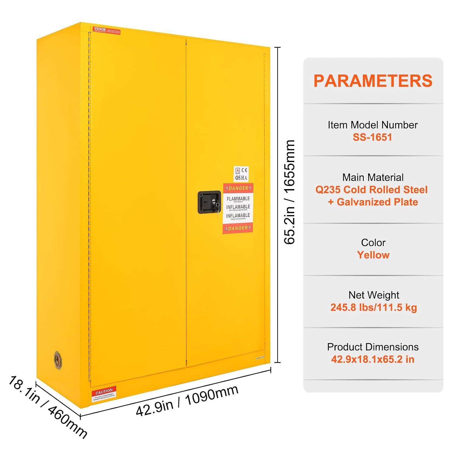 VEVOR Flammable Cabinet 18' x 43' x 65', Cold-Rolled Steel Flammable Liquid Storage Cabinet, 45 Gal in Explosion Proof with 2 Adjustable Shelves 2 Manual Doors for Industrial Use, Yellow