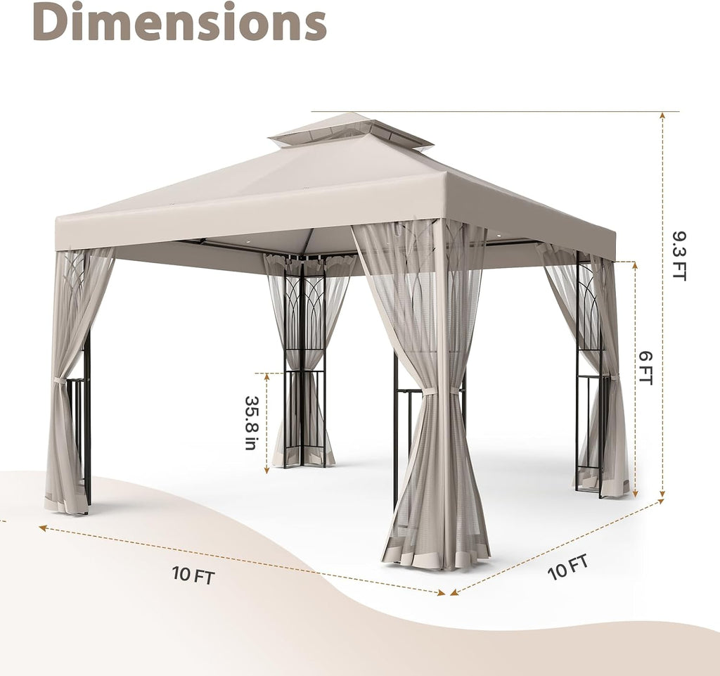 EAGLE PEAK 10x10 Patio Gazebo with Mesh Netting, Double Roof Outdoor Pavilion with Corner Shelves for Lawn, Deck, Garden and Backyard, Beige